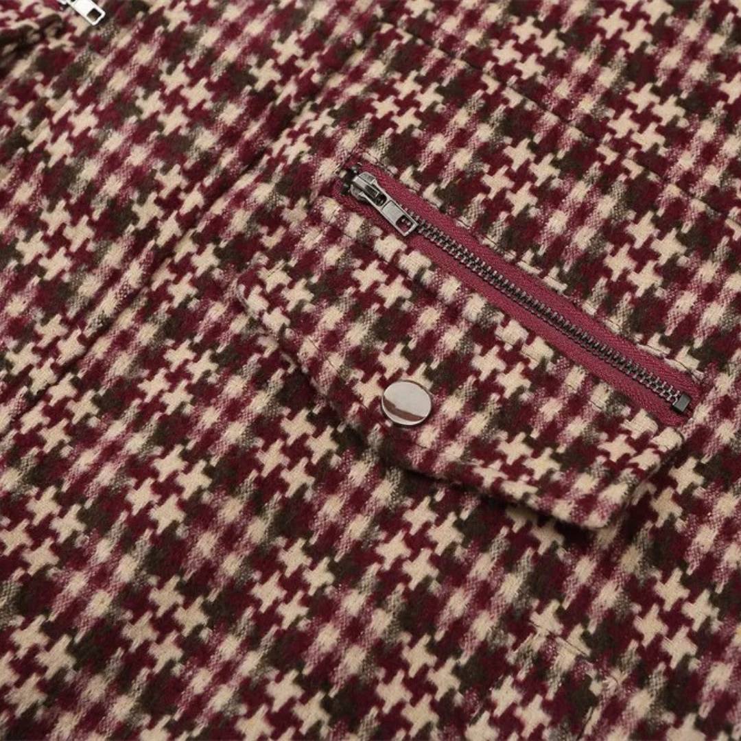 Plaid-Pattern Mid-length Jacket with Leather Collar