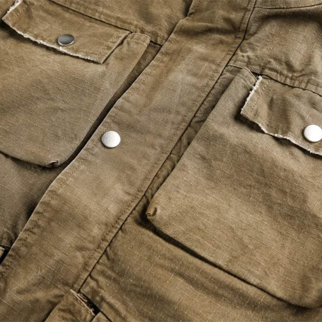 Distressed Oversized Cargo Jacket with Stand Collar