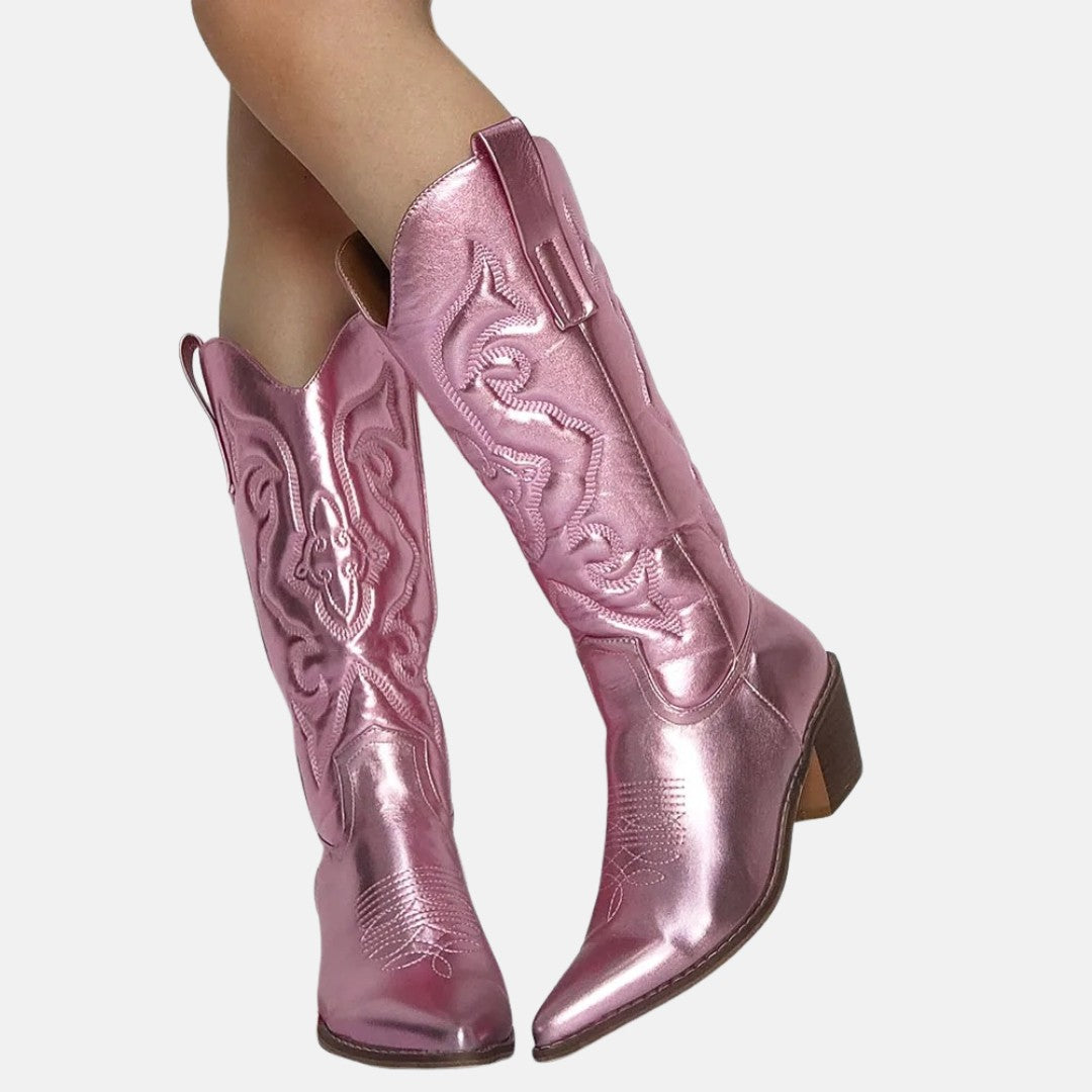 Metallic Finish Embroidered Mid-Calf Western Cowboy Boots