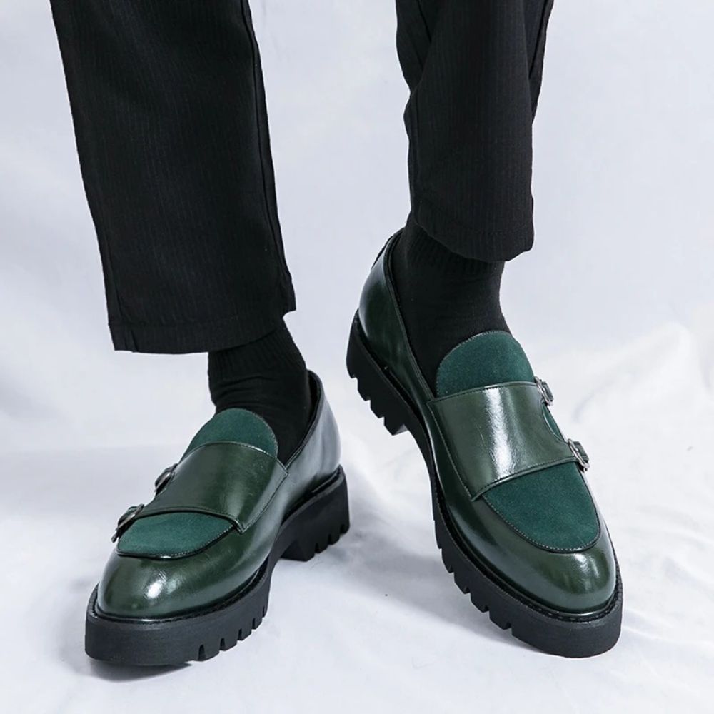Glossy Suede Strap Chunk Sole Loafers