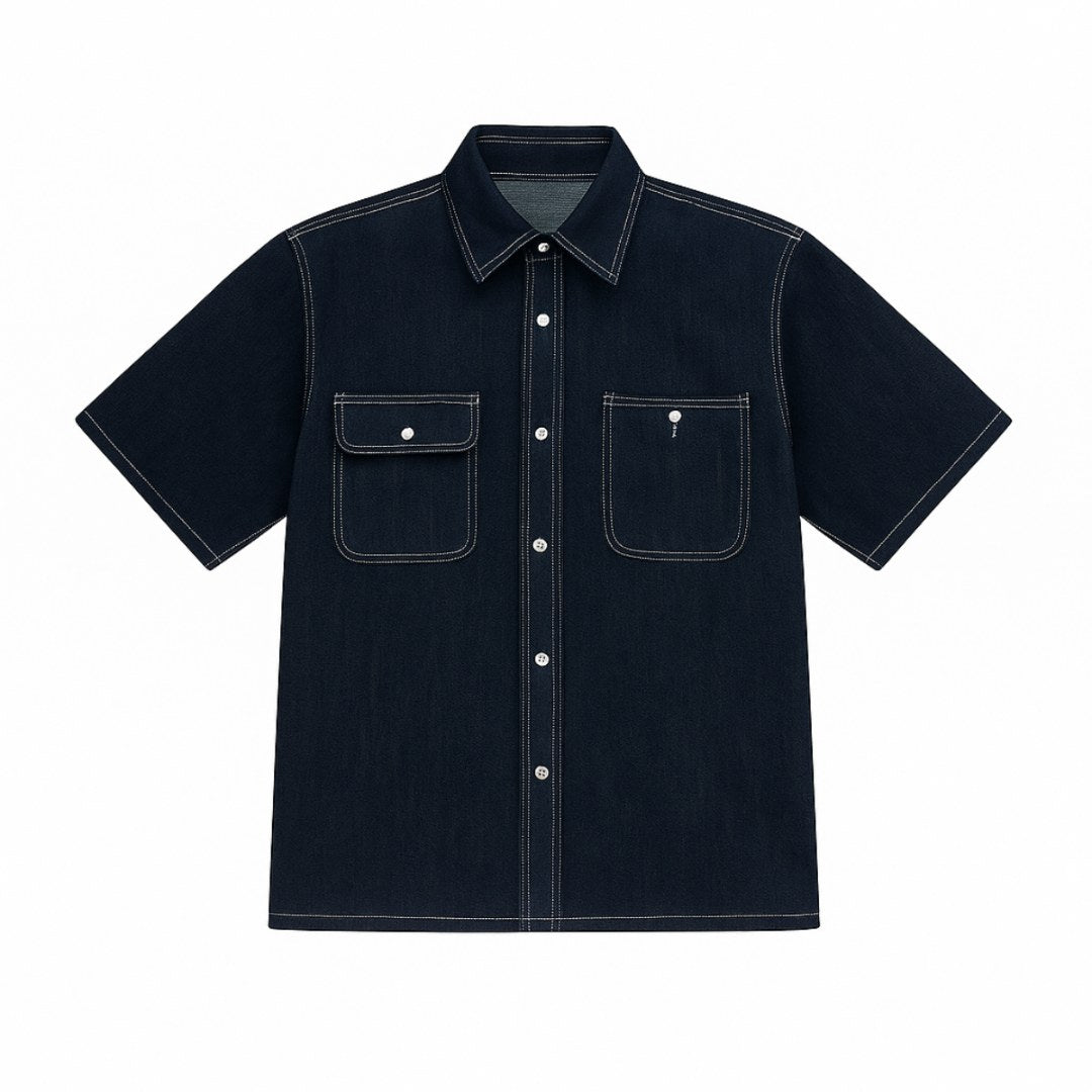 Denim Button-Up Short-Sleeve Polo
