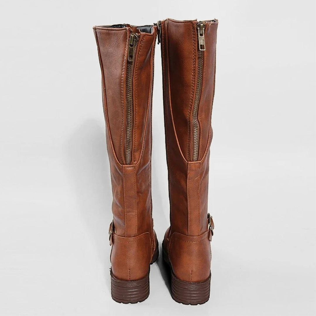 Riding Vegan-Leather Mid-Calf Zip Boots with Square Heel and Buckle Detail