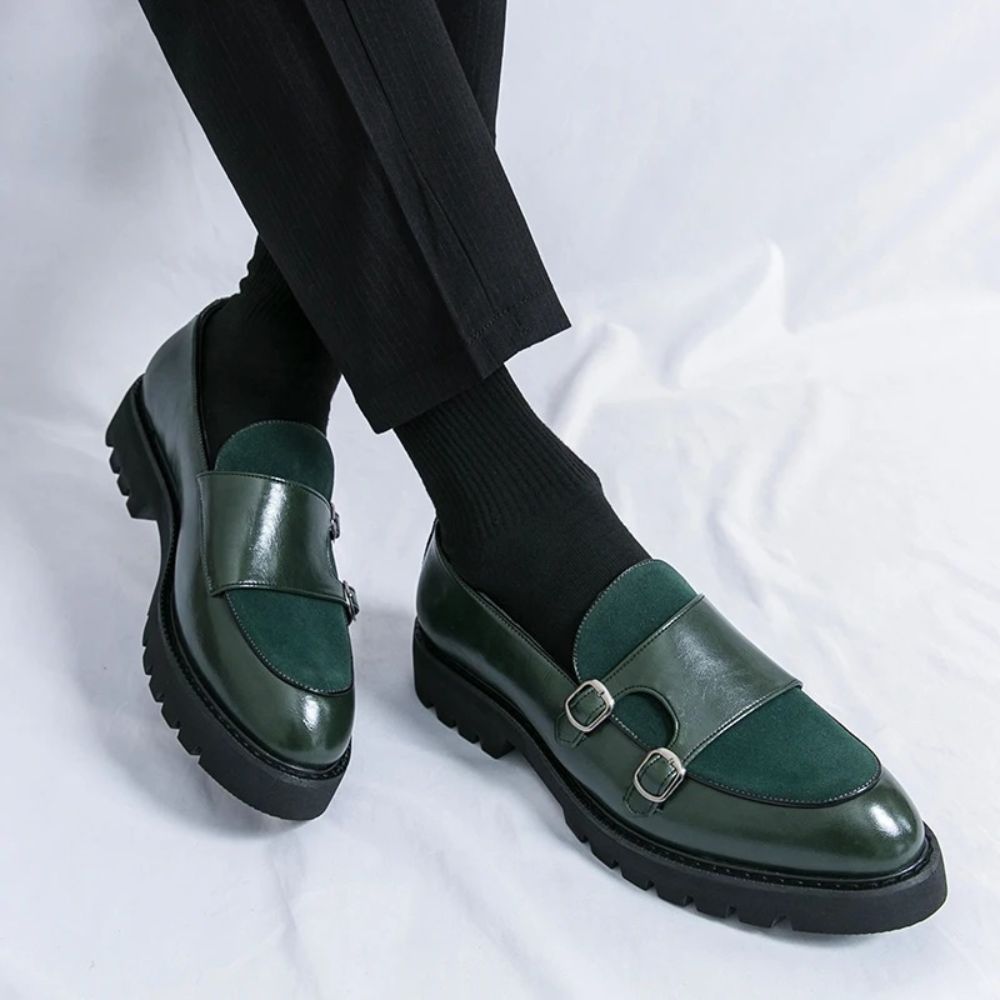 Glossy Suede Strap Chunk Sole Loafers