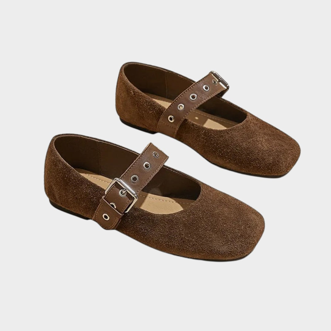 Textured Suede Mary Jane Flats with Leather Buckle Strap