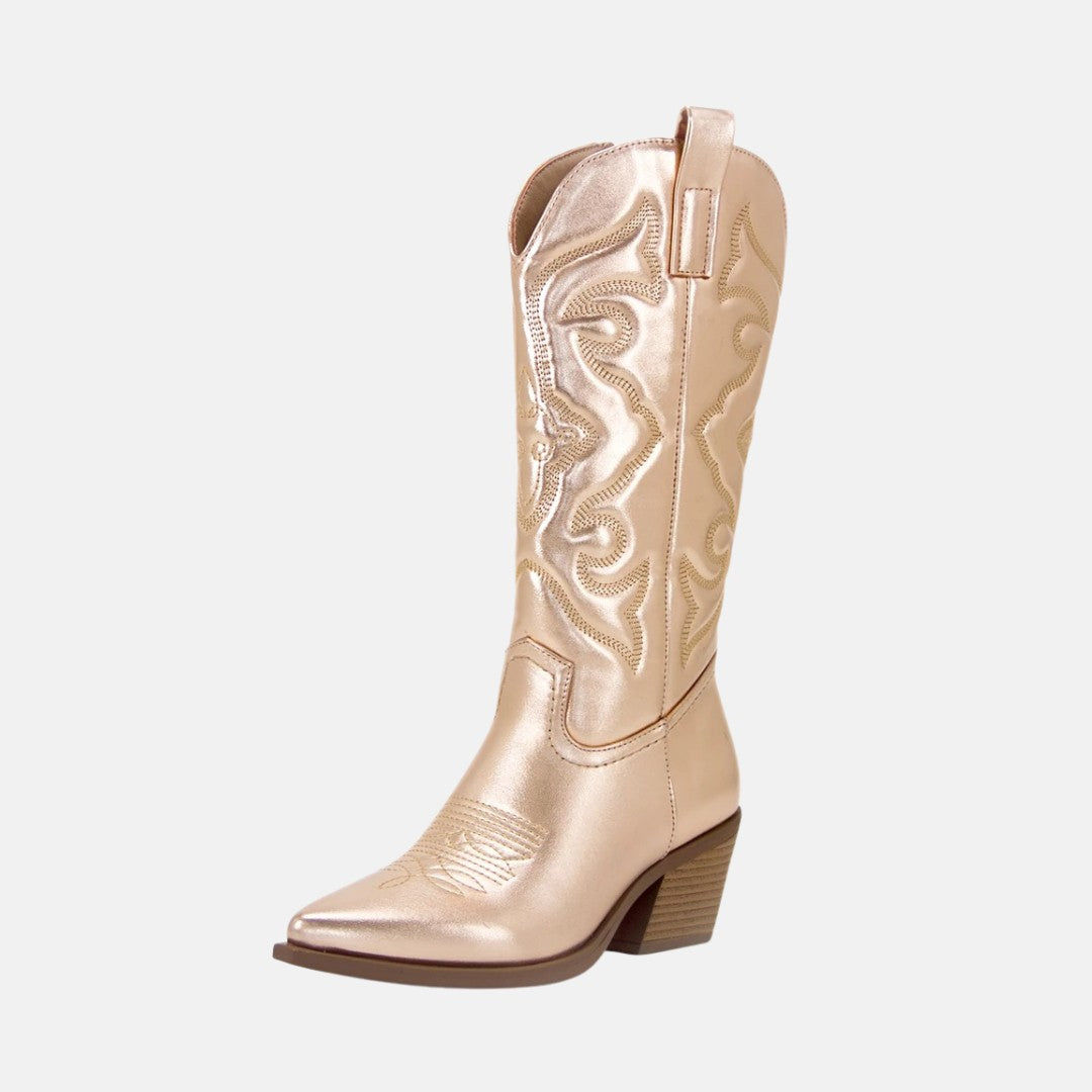 Metallic Finish Embroidered Mid-Calf Western Cowboy Boots