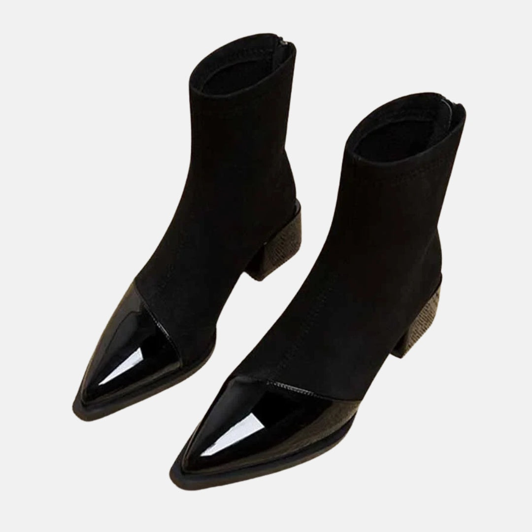Suede Sock Ankle Boots with Mid Block Heel and Pointed Gloss Toe