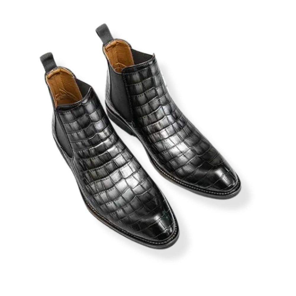 Point-Toe Crocodile-Pattern Leather Chelsea Boots