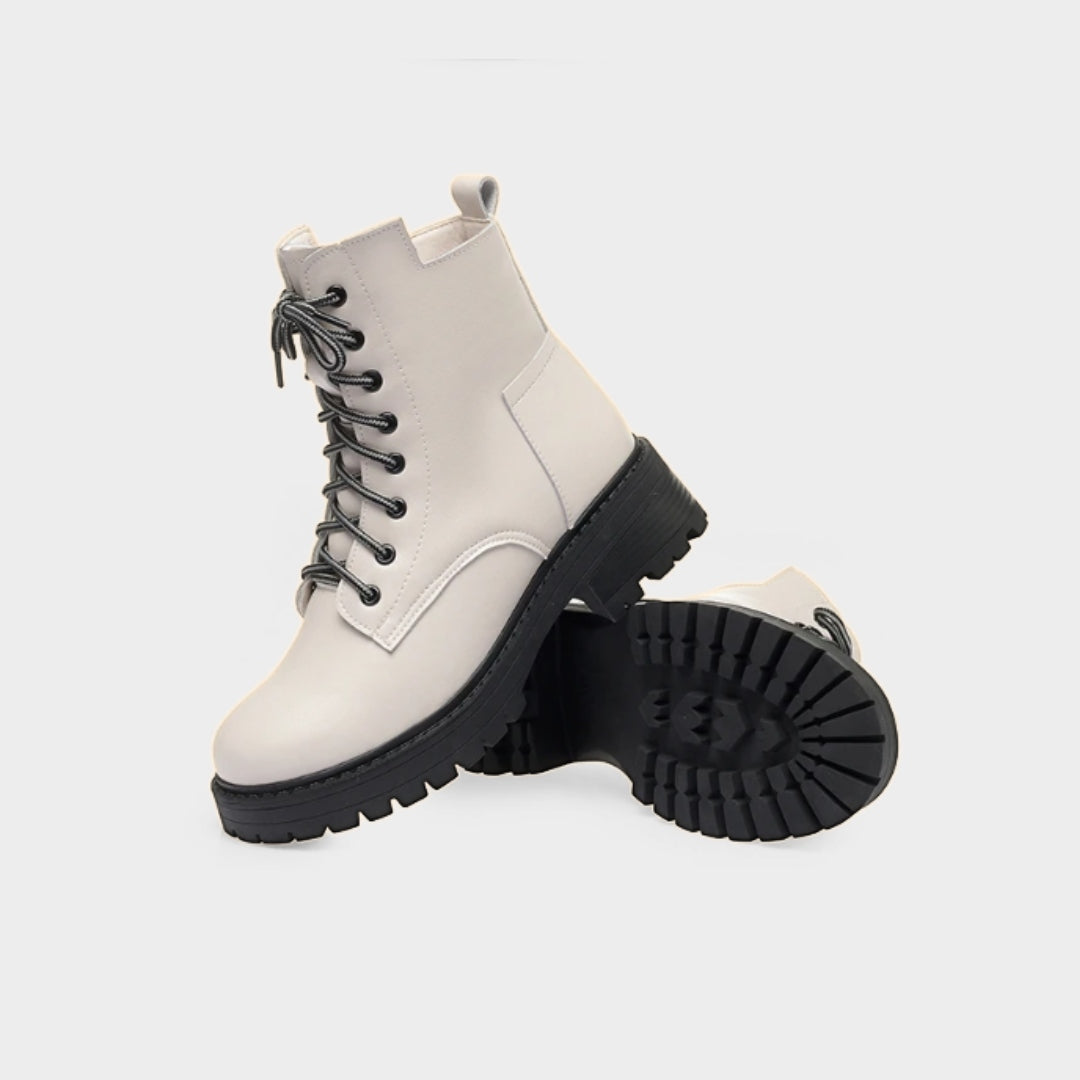 Leather Lace-Up Combat Low Heel boots with Warm Faux Fur Lining