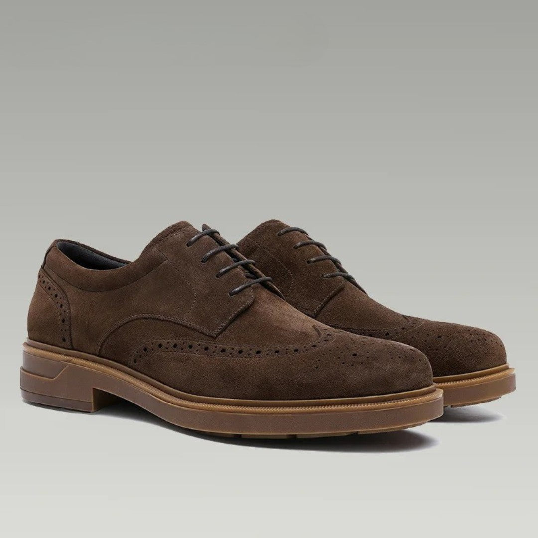 Brogue Suede Leather Derby Dress Shoes With Raised Sole and Block Heel