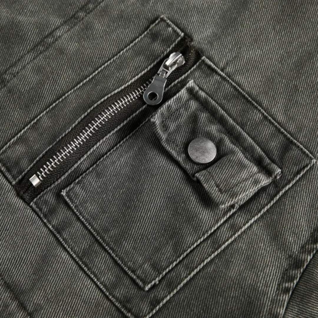 Washed Workwear Jacket With Stand Collar and Oversized Pockets