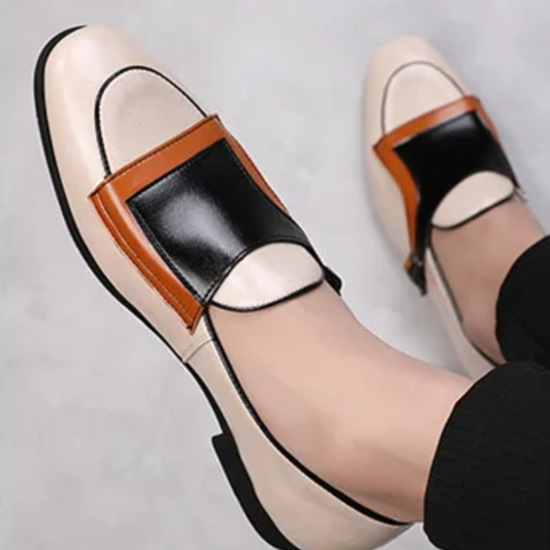 Colourblock Monk Strap Loafers with Pointed Toe and Buckle Detail