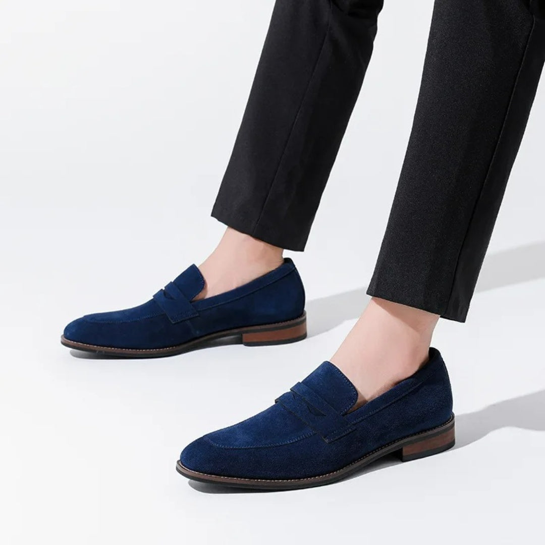 Suede Penny Business Loafers with Low Block Heel
