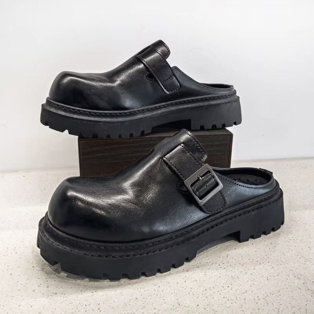 Black Backless Leather Buckle Loafers with Lug Sole