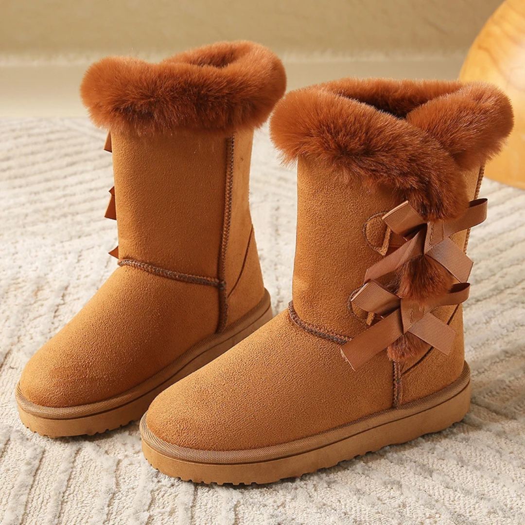 Mid-Calf Slip-On Winter Platform Boots With Side Bow Details and Plush Lining