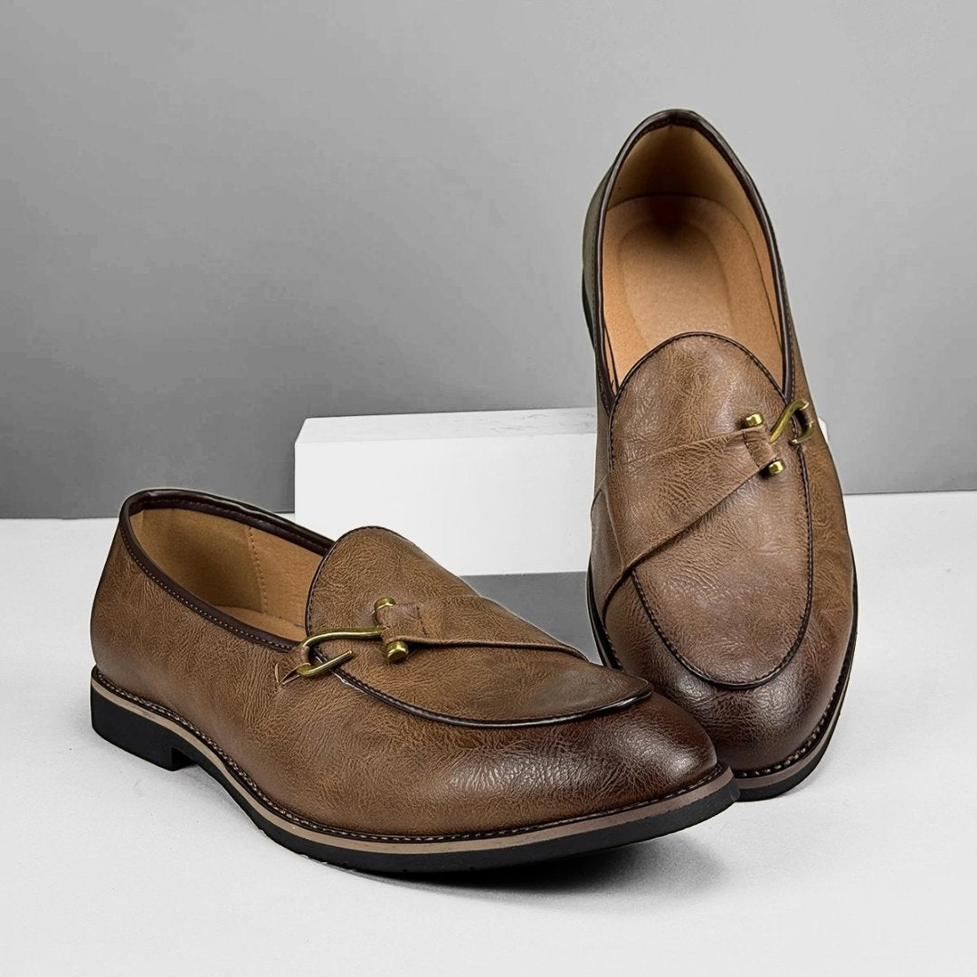 Leather Dress Loafers with Decorative Hook Closure
