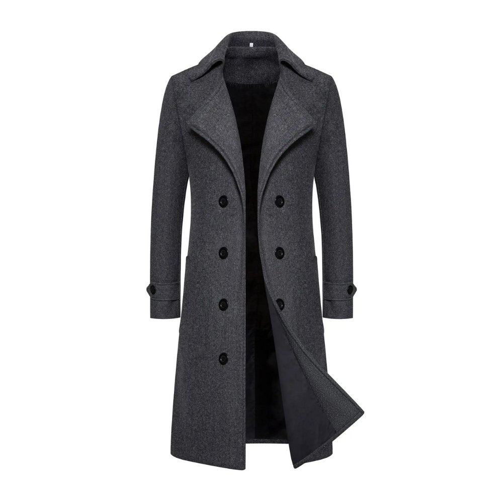 Long Wool-Blend Slim Fit Overcoat with Turn-Down Collar