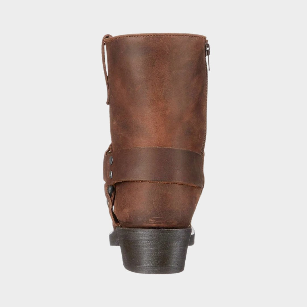 Mid-Calf Square Toe Cowboy Harness Boots with Zip Closure and Low Block Heel