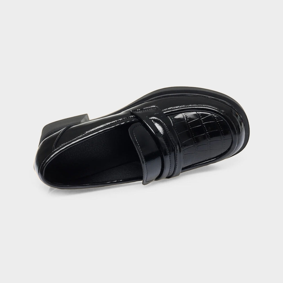 Black Gloss Leather Platform Penny Loafer Pumps