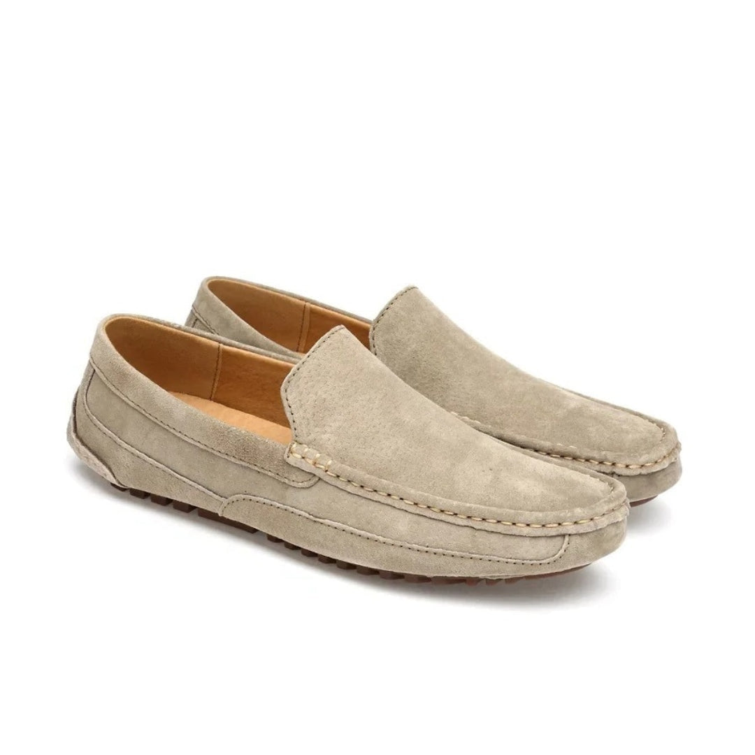 Cow Suede Driving Loafers with Cushioned Grip Sole and Contrast Stitching