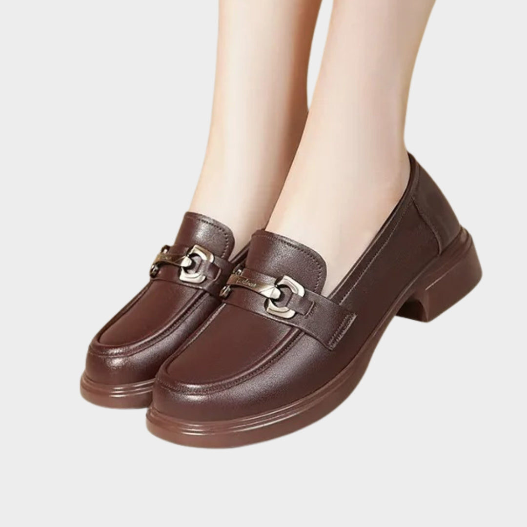 Block Heel Leather Loafers with Metallic Front Bit