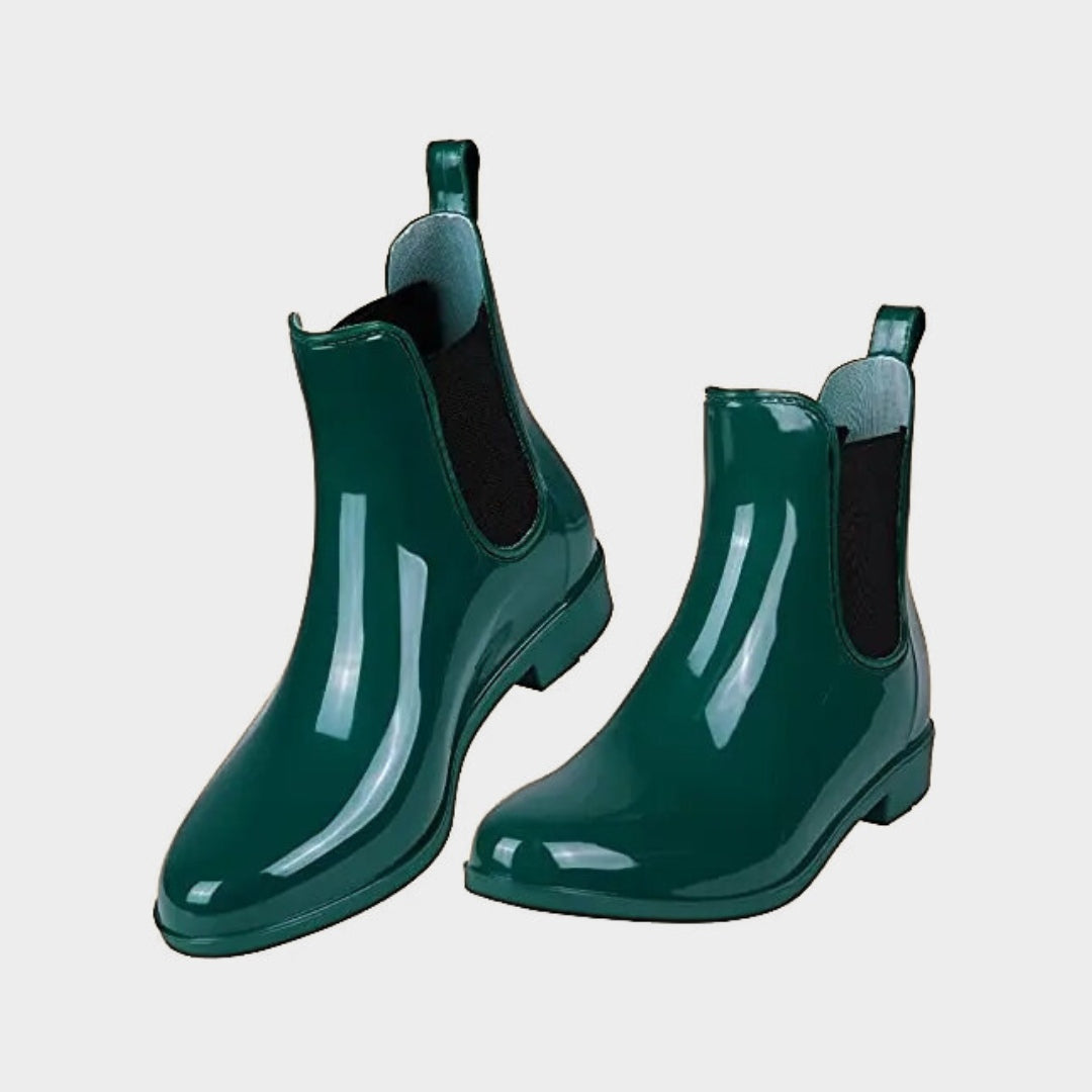 Glossy Waterproof Chelsea Ankle Rain Boots with Low Heel and Pointed Toe