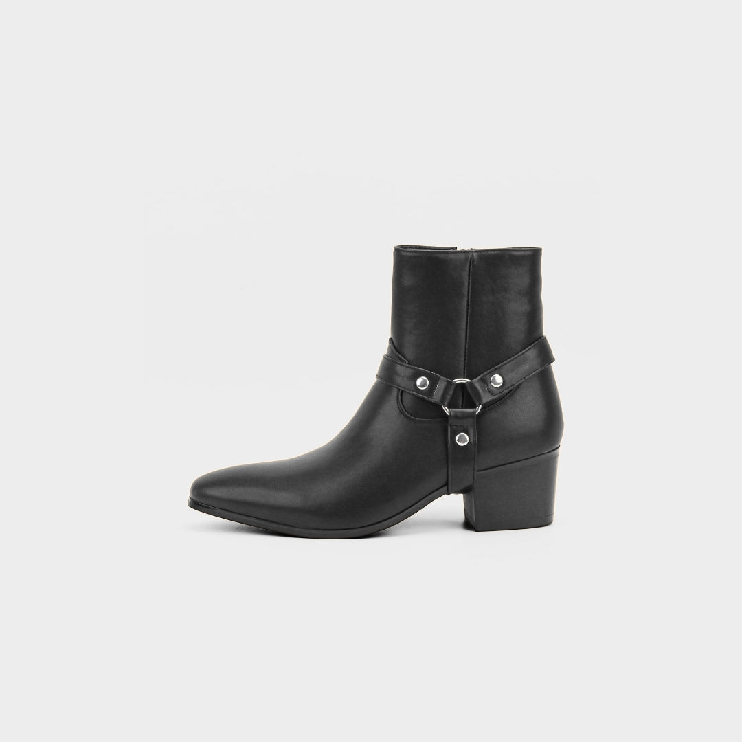 Western Harness Ankle Boots with Mid Heel Block and Almond Toe