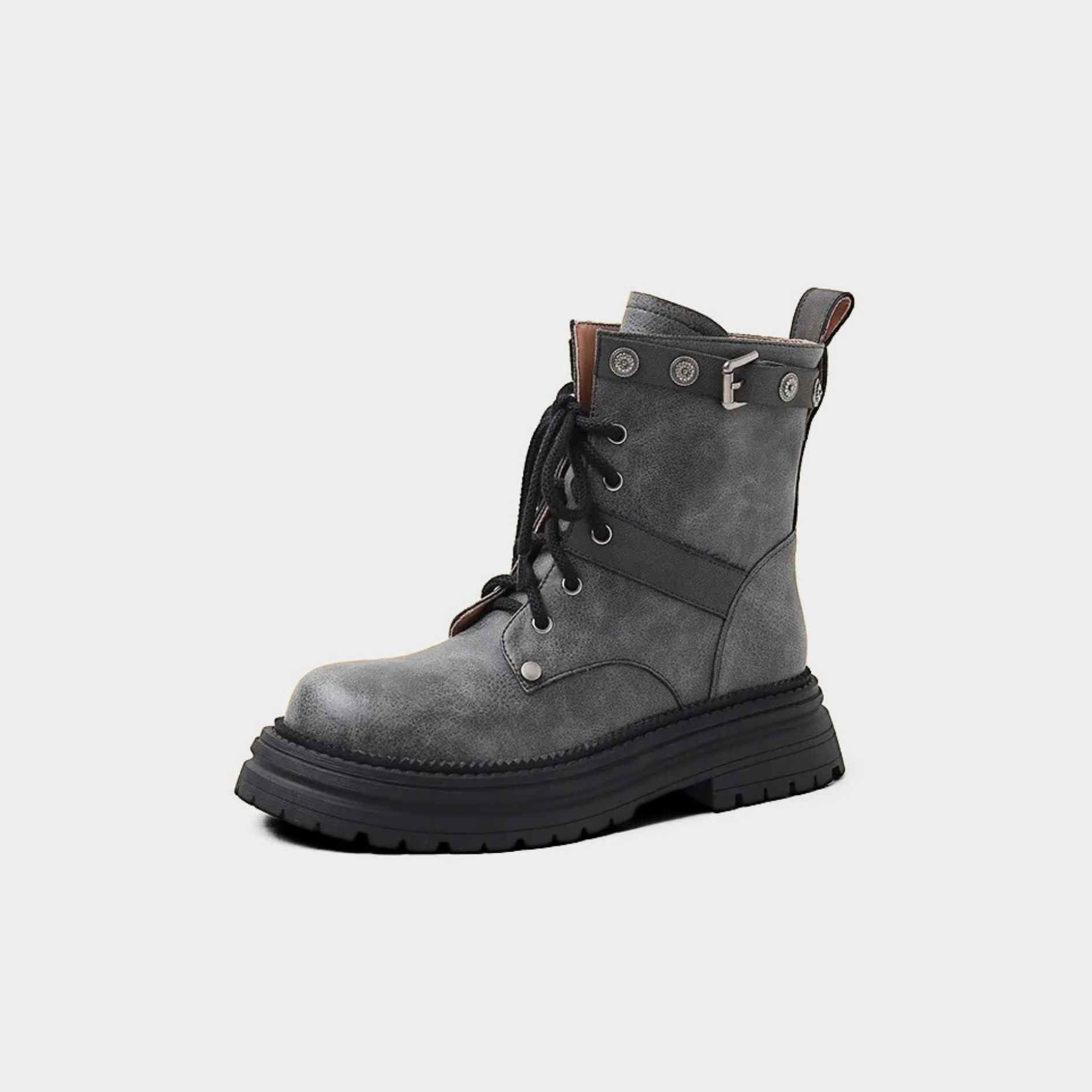 Leather Lace-Up Ankle Boots with Rivet Strap and Chunky Sole