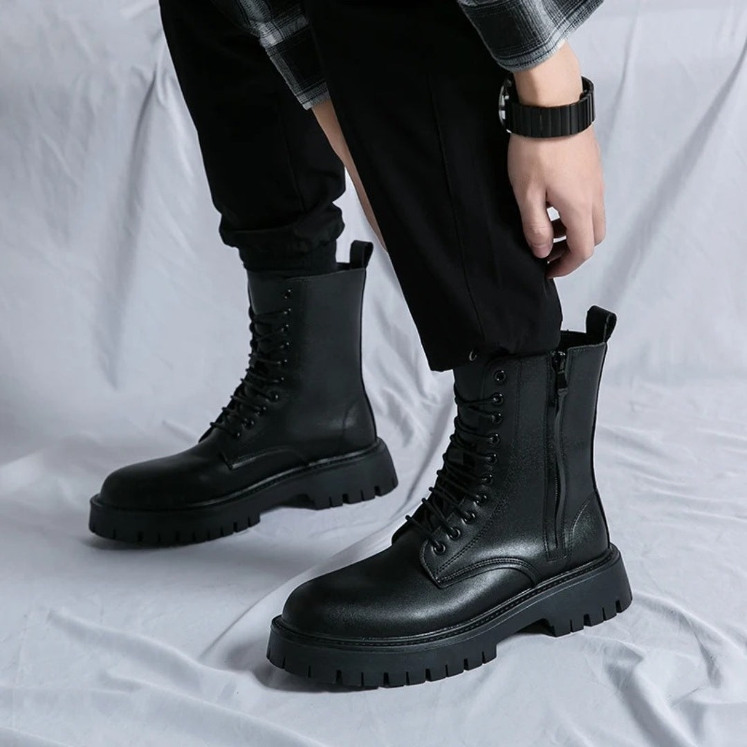 Leather Lace-Up Ankle Boots with Side Zipper and Platform Sole
