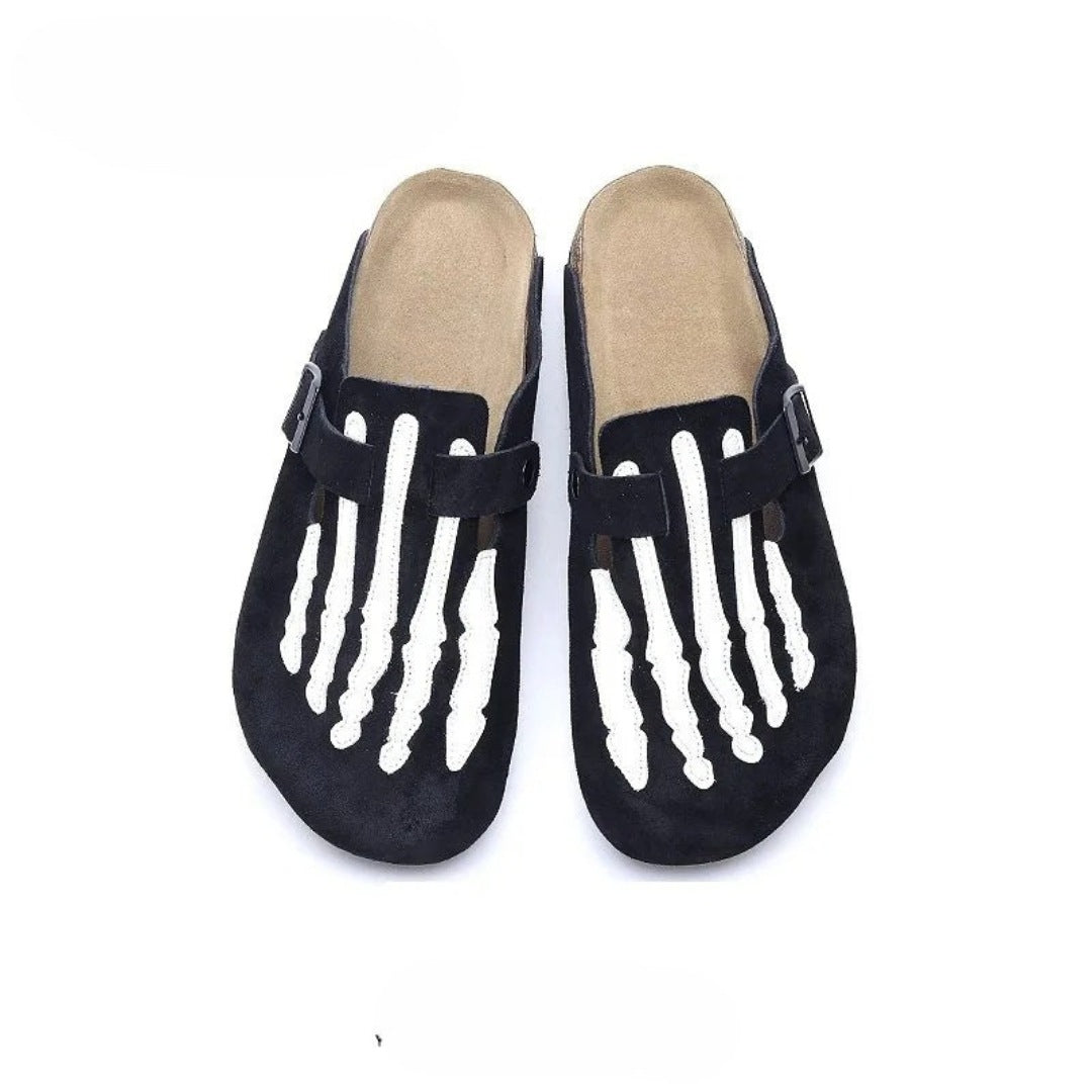 Suede Skeleton Slide Clogs with Cork Sole and Buckle Strap