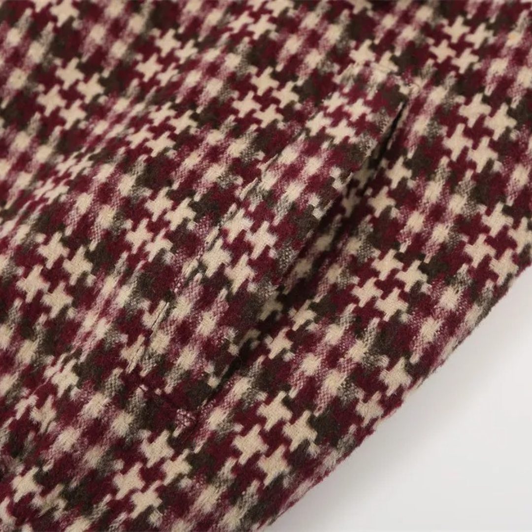 Plaid-Pattern Mid-length Jacket with Leather Collar