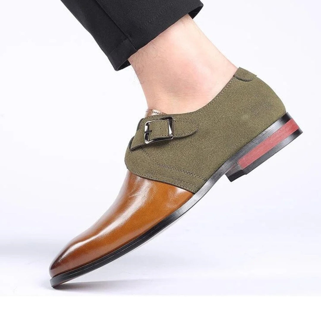 Two-Tone Suede Buckle Dress Shoes with Low Block Heel