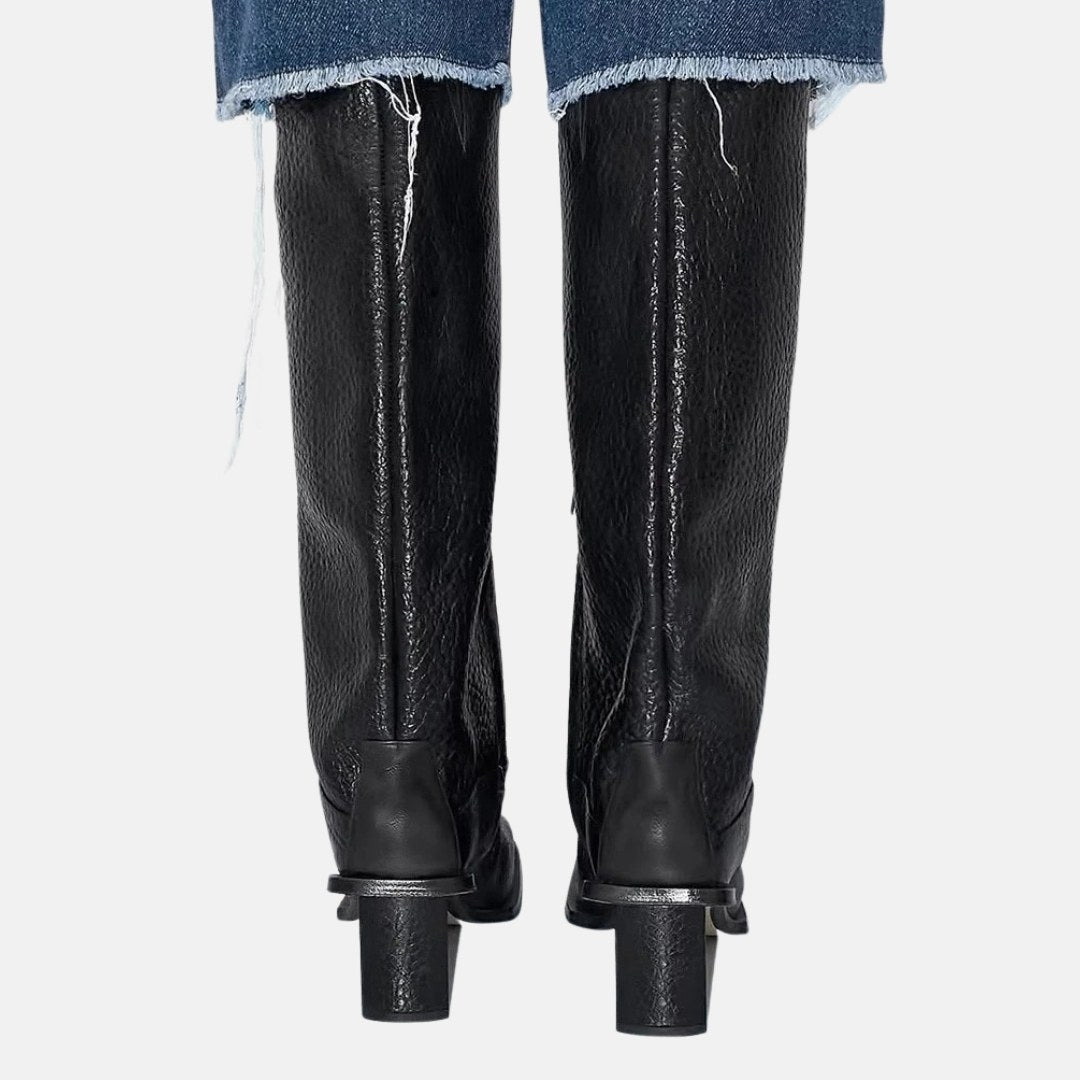 Knee-High High-Heel Leather Boots with Square Toe