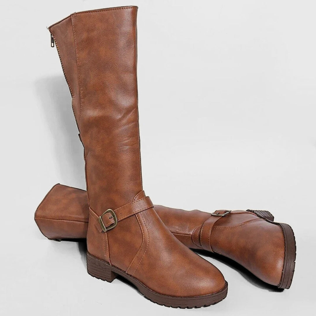 Riding Vegan-Leather Mid-Calf Zip Boots with Square Heel and Buckle Detail