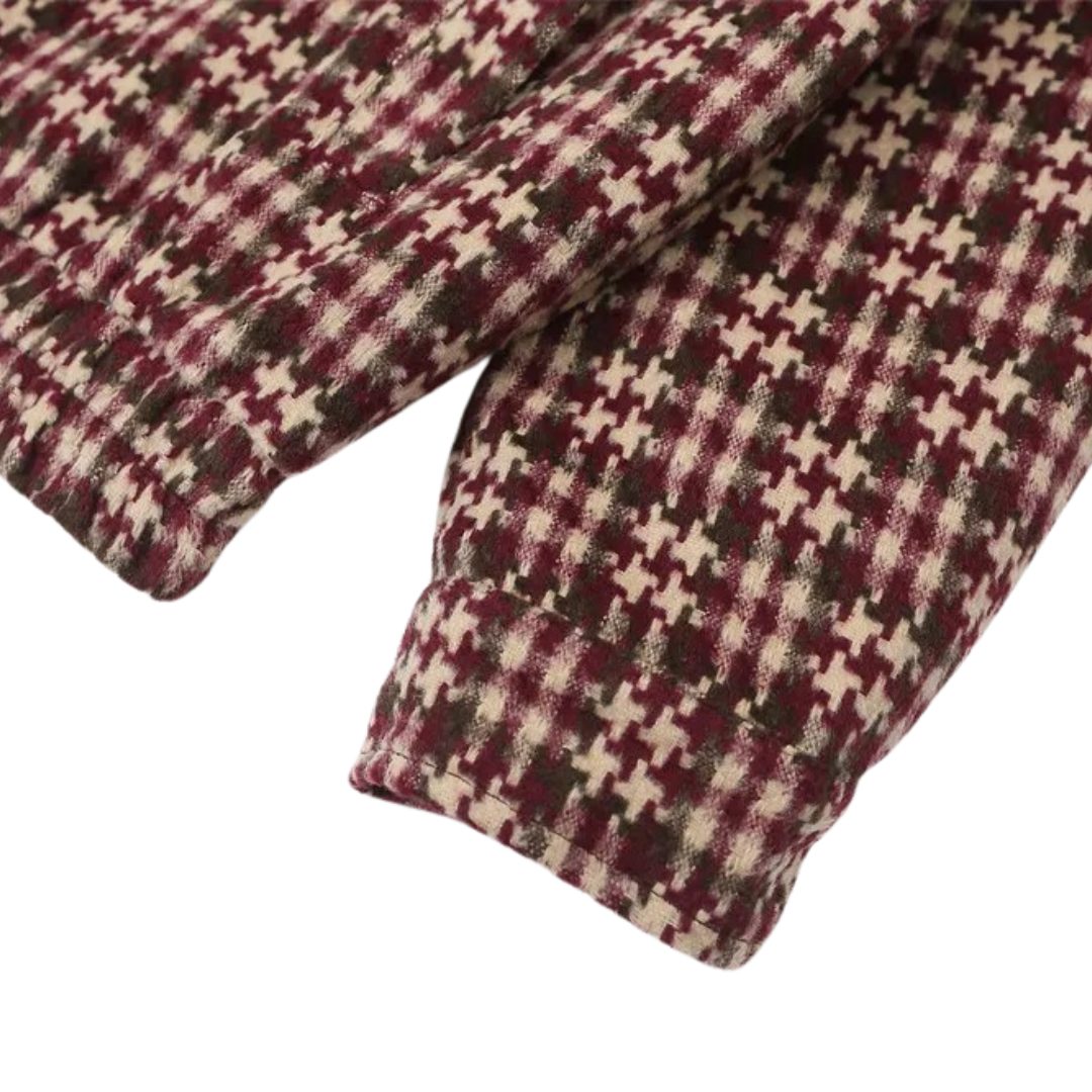 Plaid-Pattern Mid-length Jacket with Leather Collar