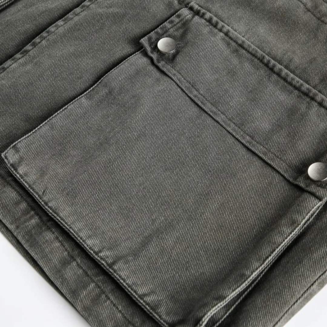 Washed Workwear Jacket With Stand Collar and Oversized Pockets