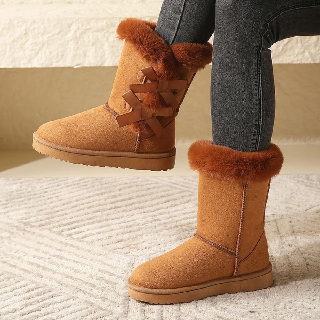 Mid-Calf Slip-On Winter Platform Boots With Side Bow Details and Plush Lining