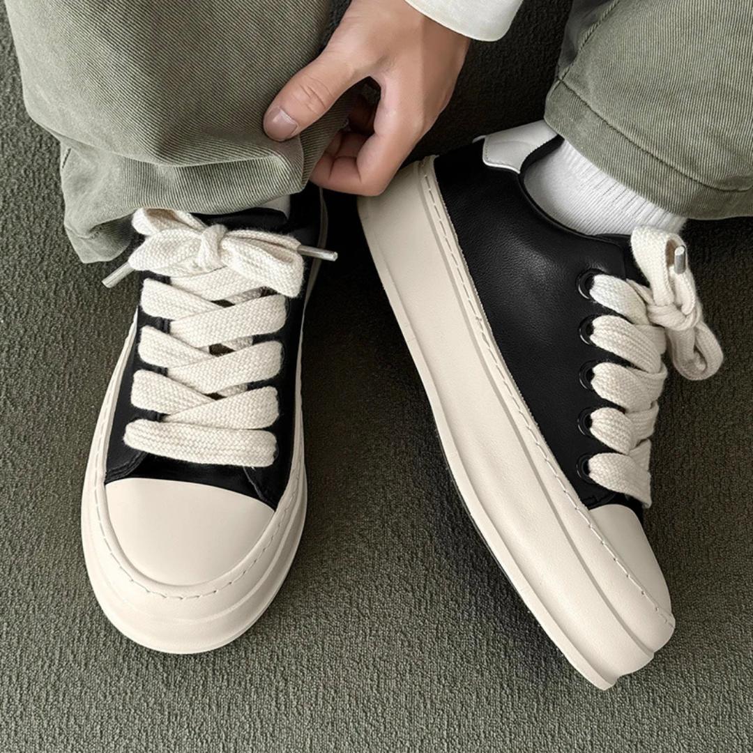 Black Leather Platform Skate Sneakers with Oversized Laces