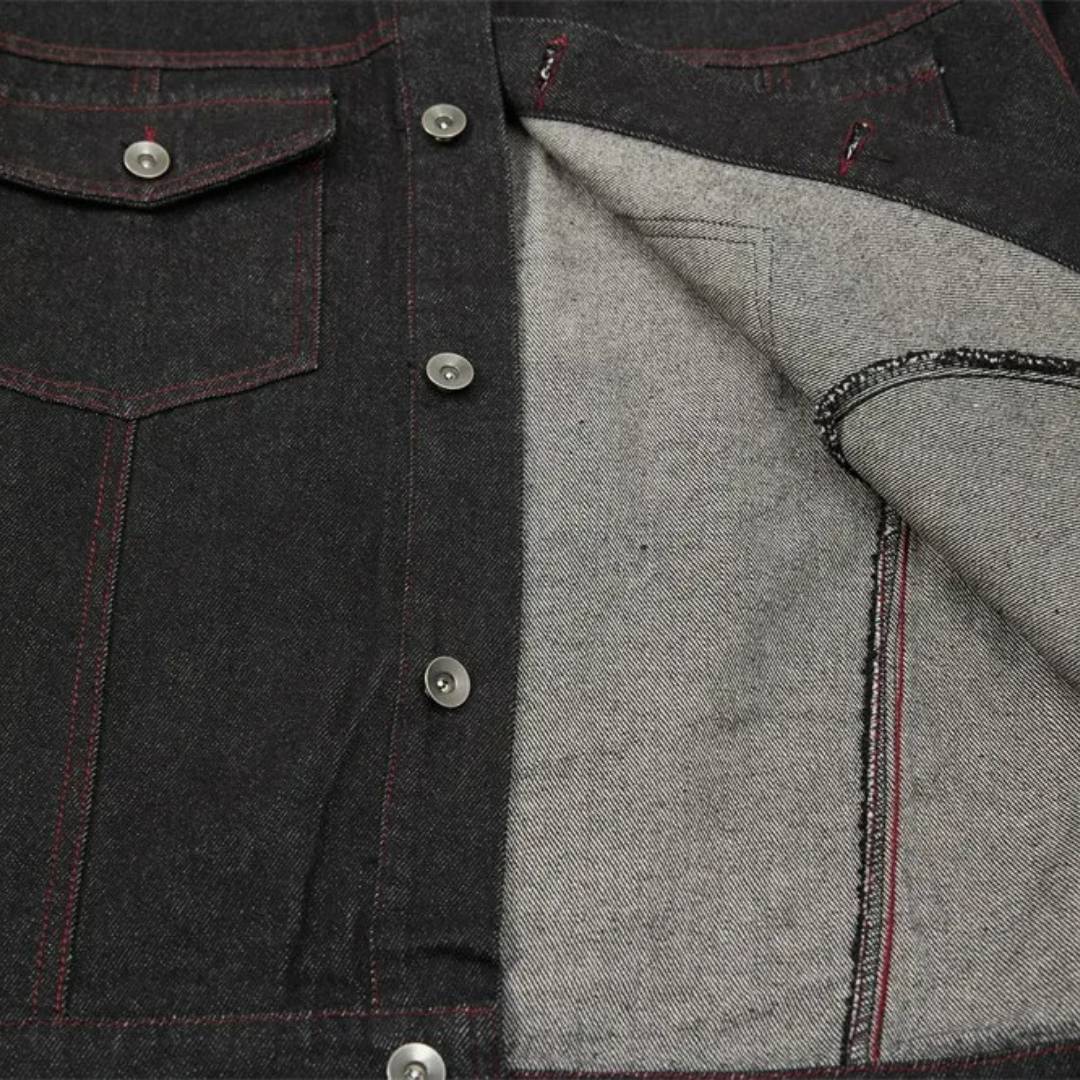 Black Denim Jacket With Lapel Collar and Red Stitching