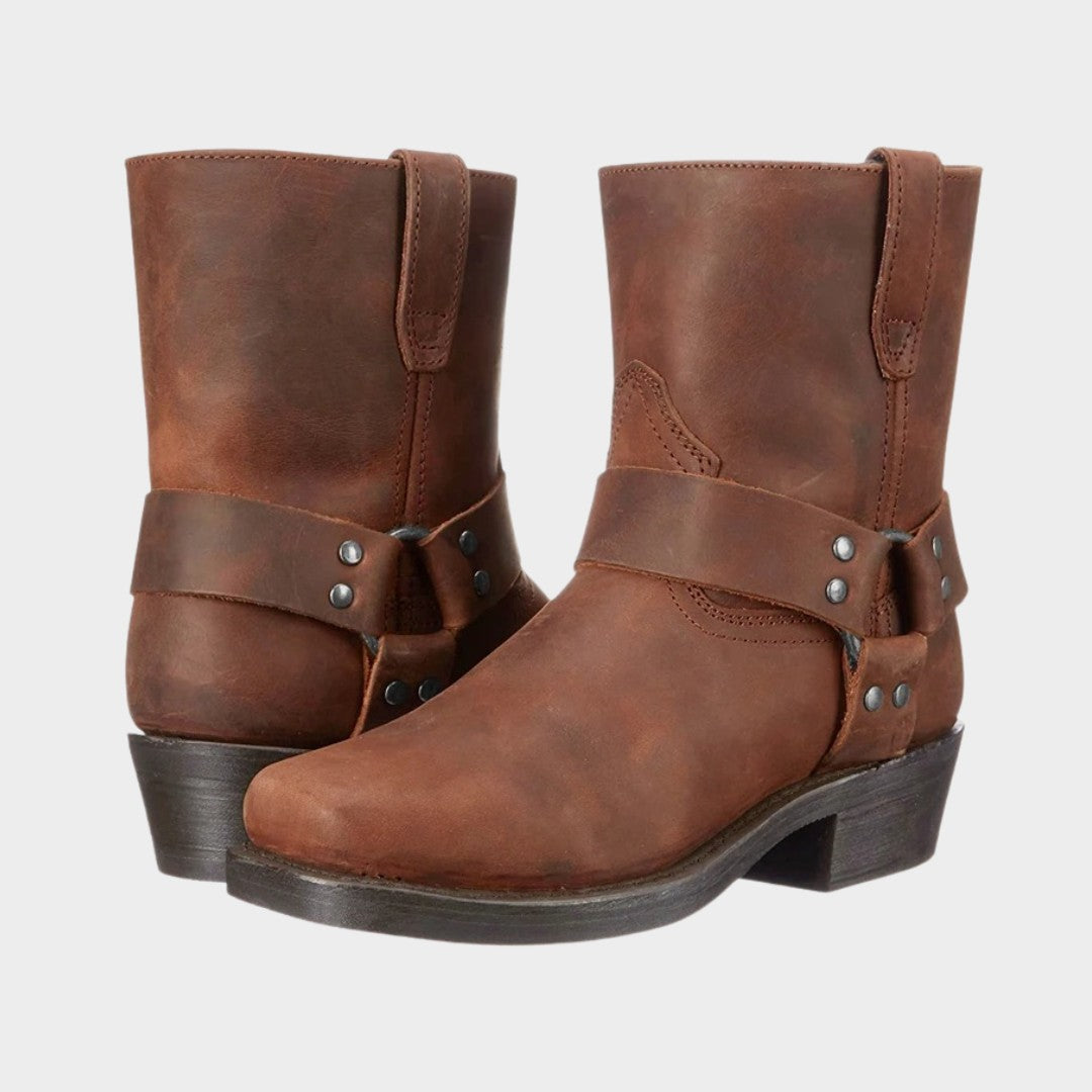 Mid-Calf Square Toe Cowboy Harness Boots with Zip Closure and Low Block Heel