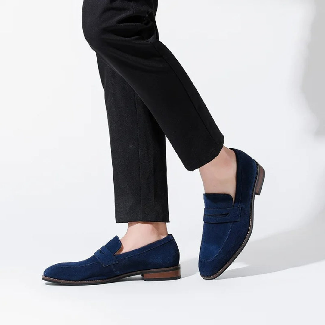 Suede Penny Business Loafers with Low Block Heel