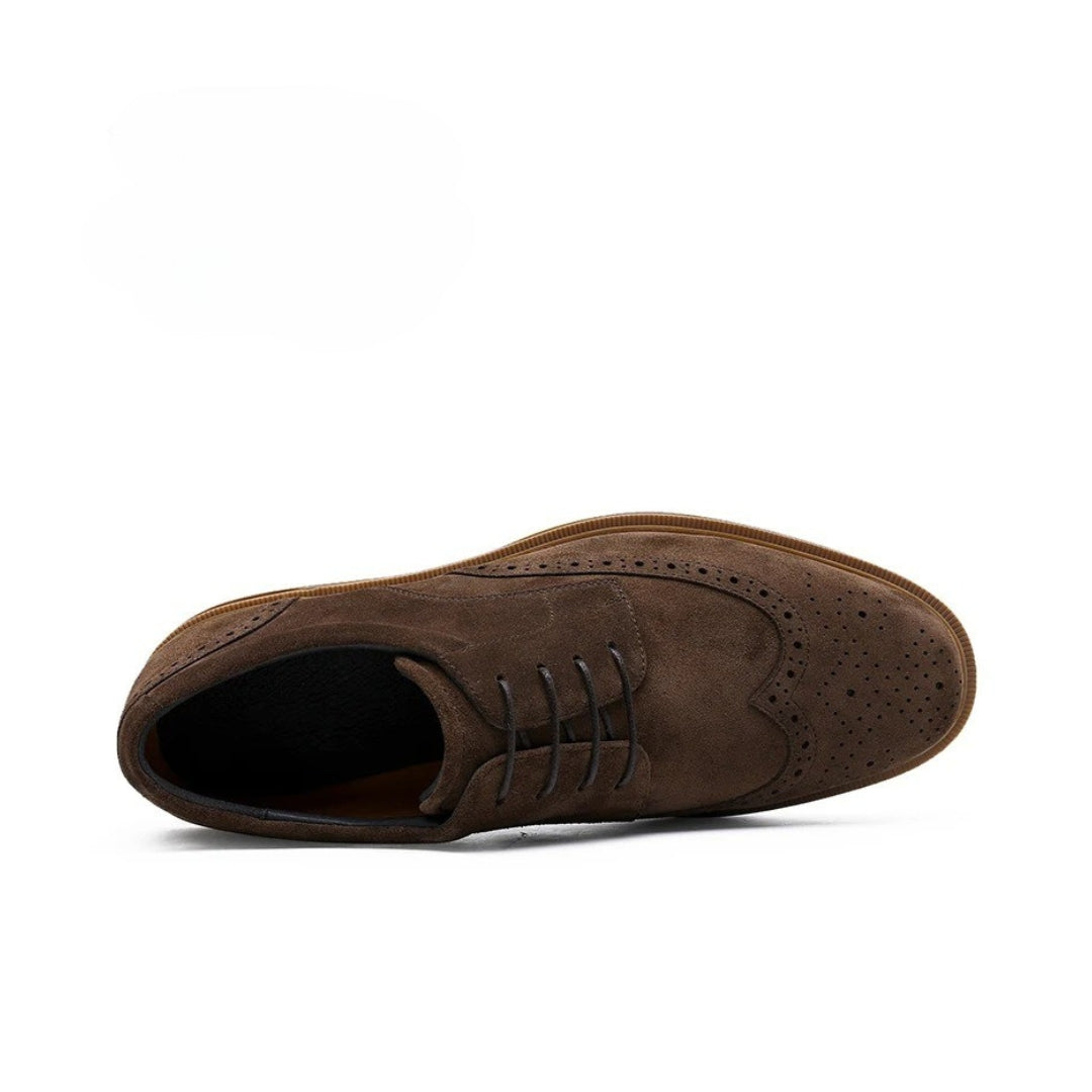 Brogue Suede Leather Derby Dress Shoes With Raised Sole and Block Heel
