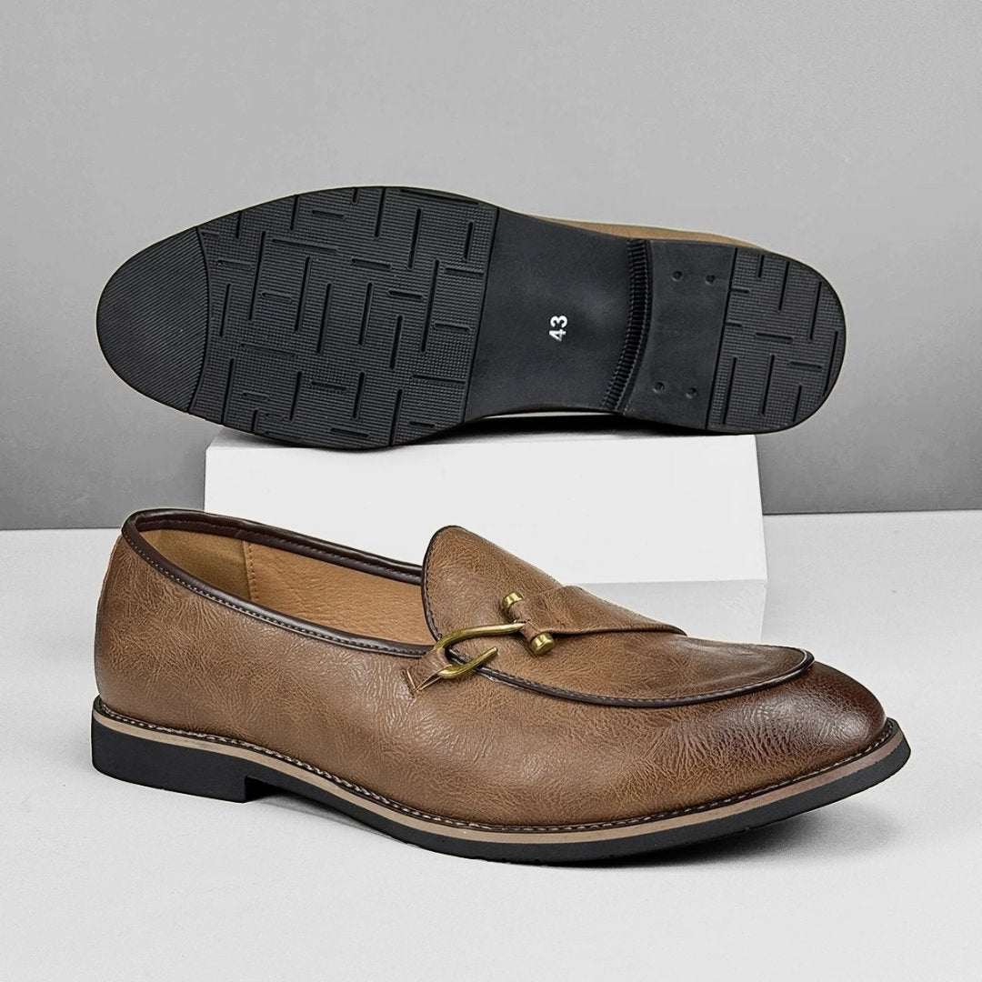 Leather Dress Loafers with Decorative Hook Closure