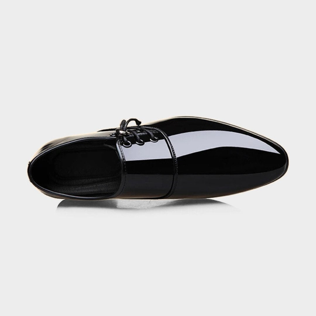 Patent Gloss Finish Pointed Dress Shoes with Side Lacing Detail and Low Block Heel