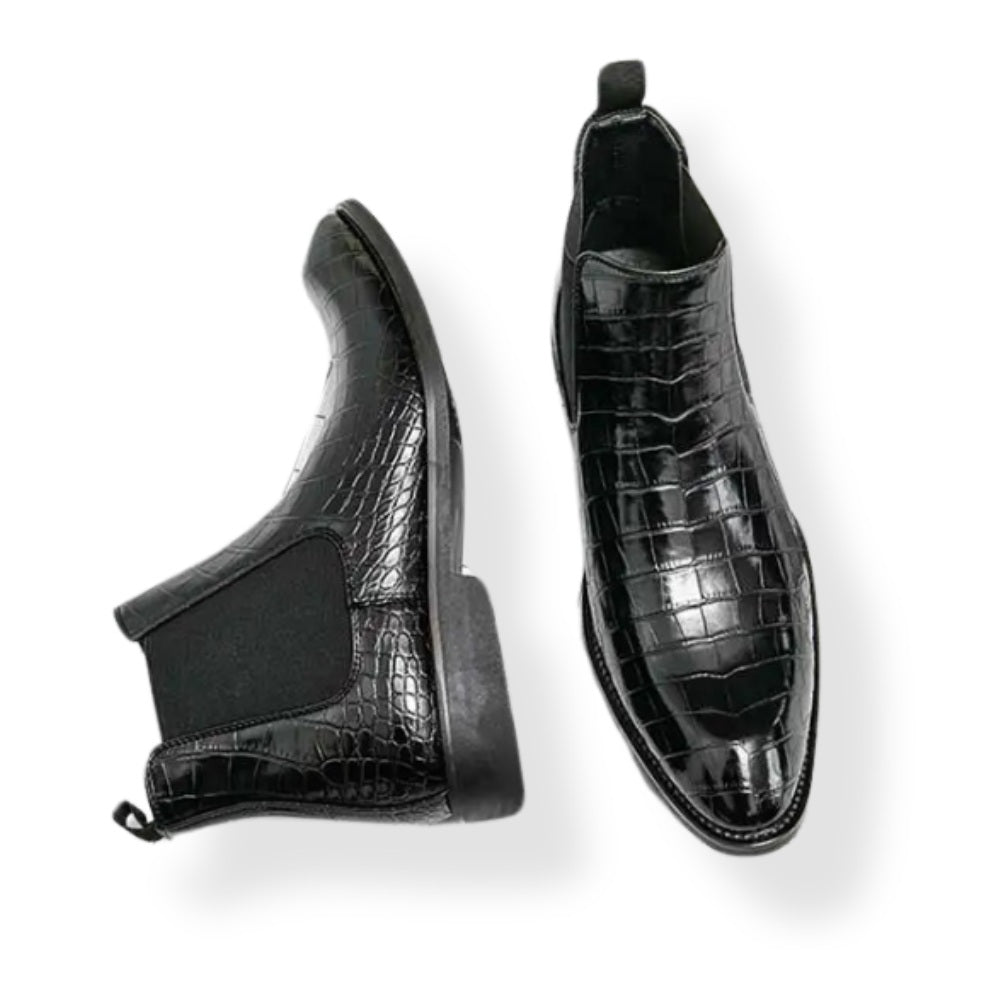 Point-Toe Crocodile-Pattern Leather Chelsea Boots