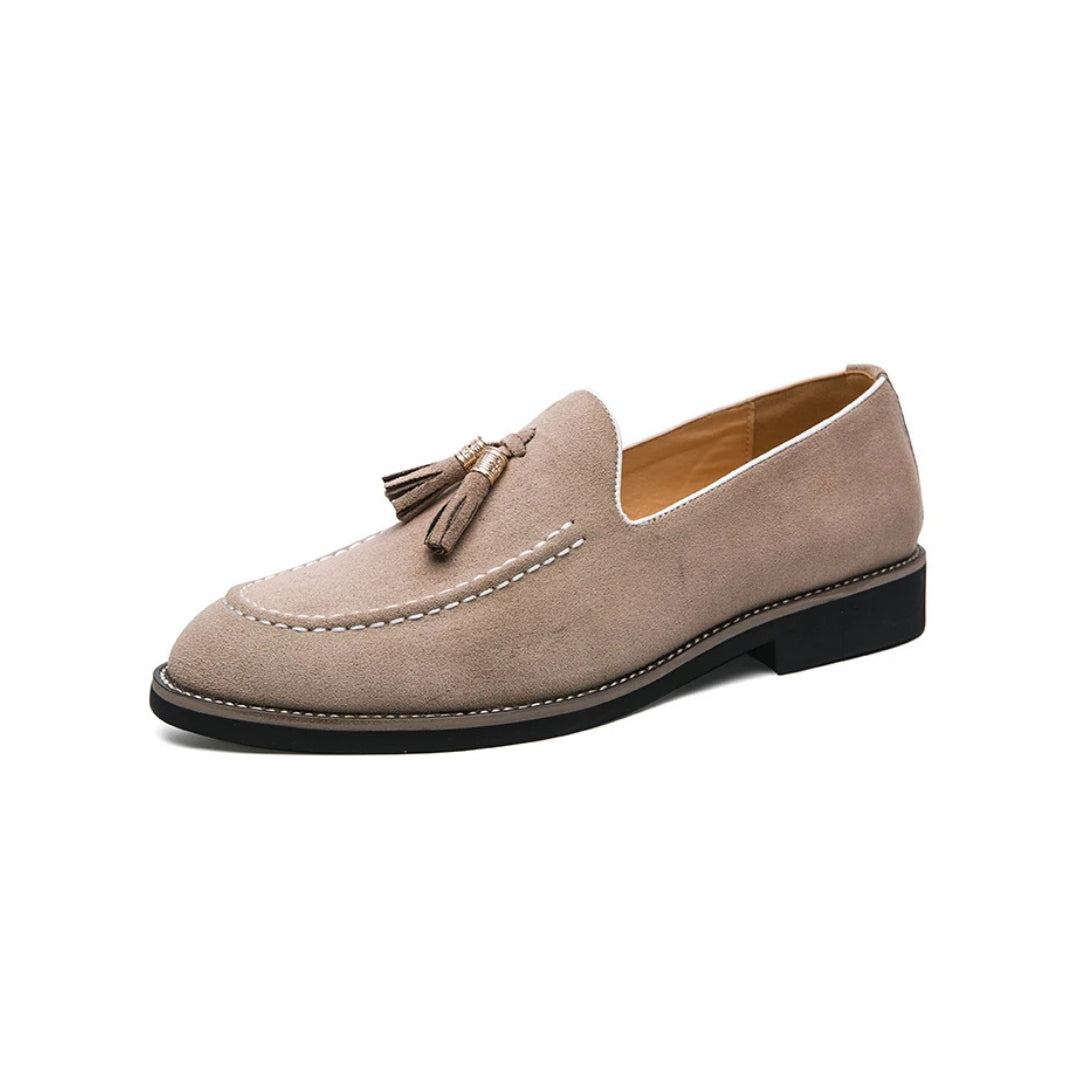 Contrast Stitch Suede Loafers with Metallic Gold-Tone Tassels and Low Block Heel