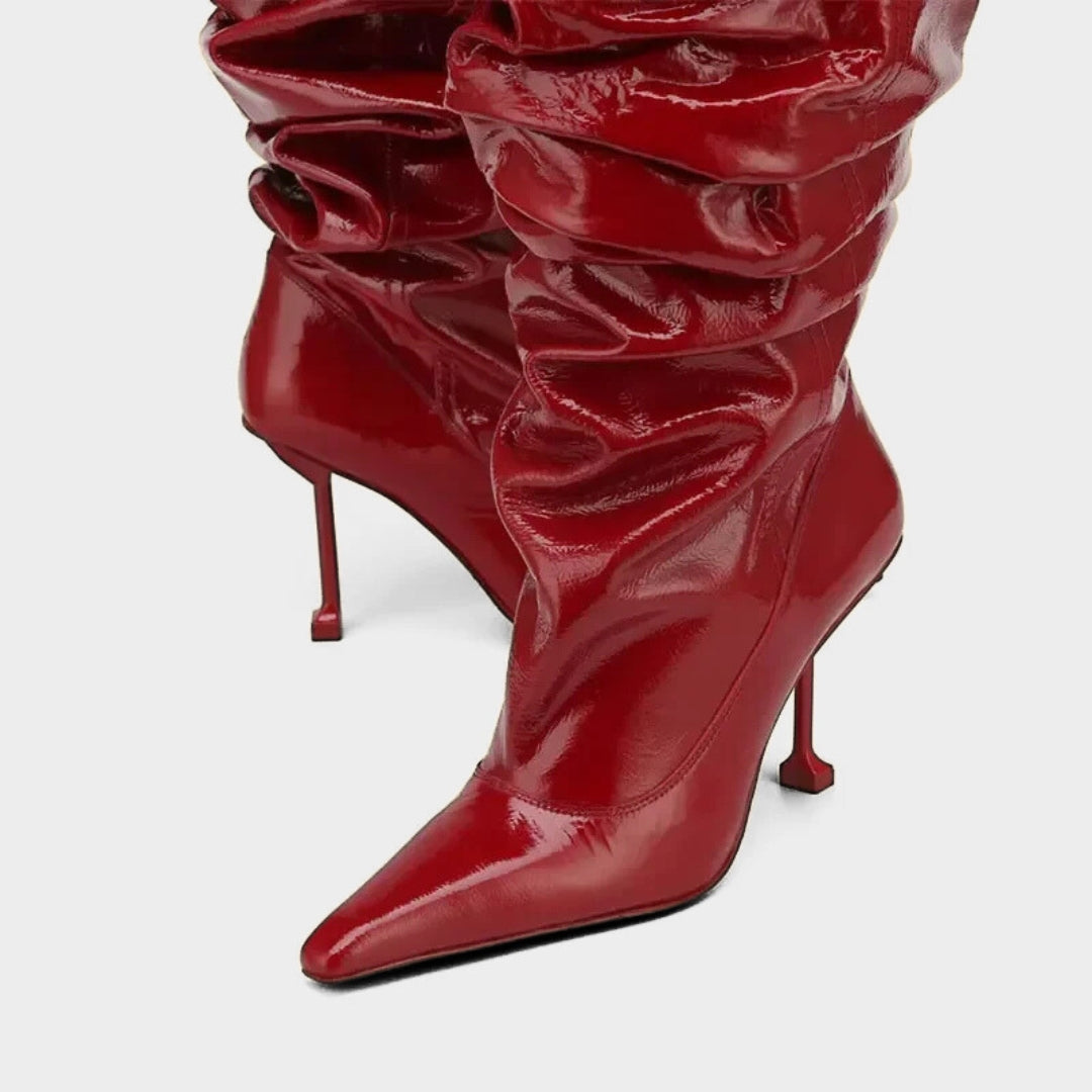 Wrinkled Patent Slouch Knee-High Stiletto Boots with Pointed Toe