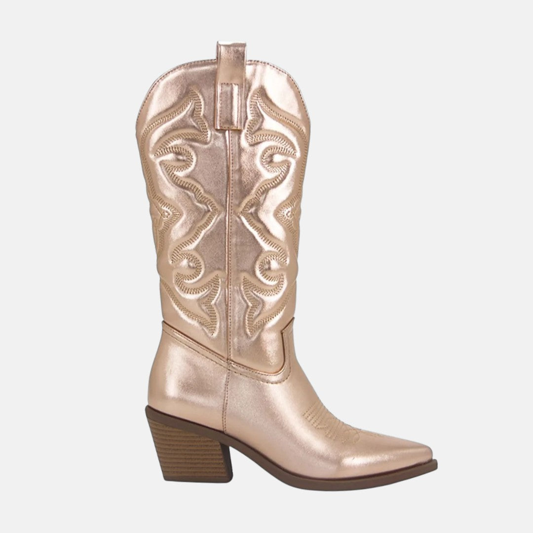 Metallic Finish Embroidered Mid-Calf Western Cowboy Boots