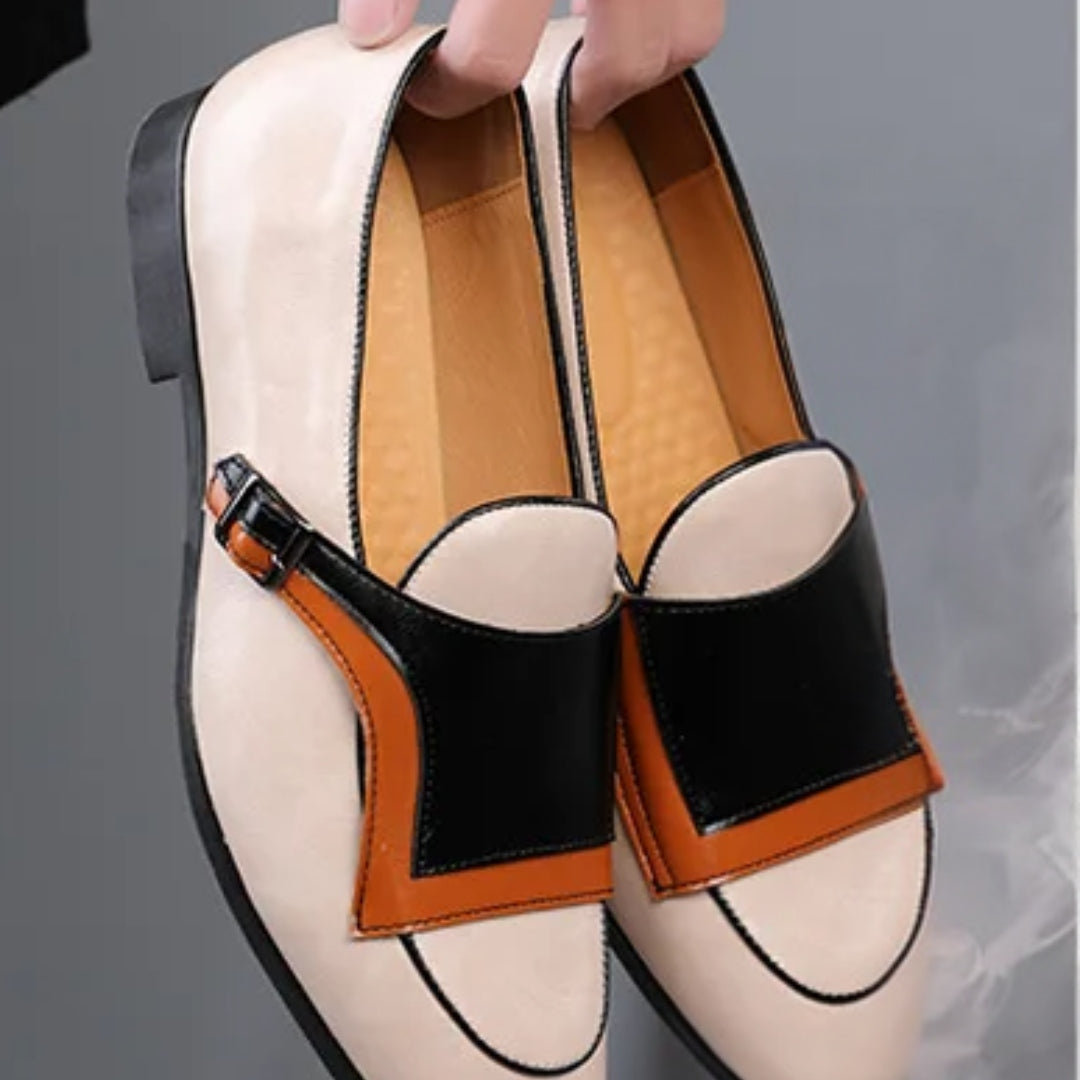 Colourblock Monk Strap Loafers with Pointed Toe and Buckle Detail