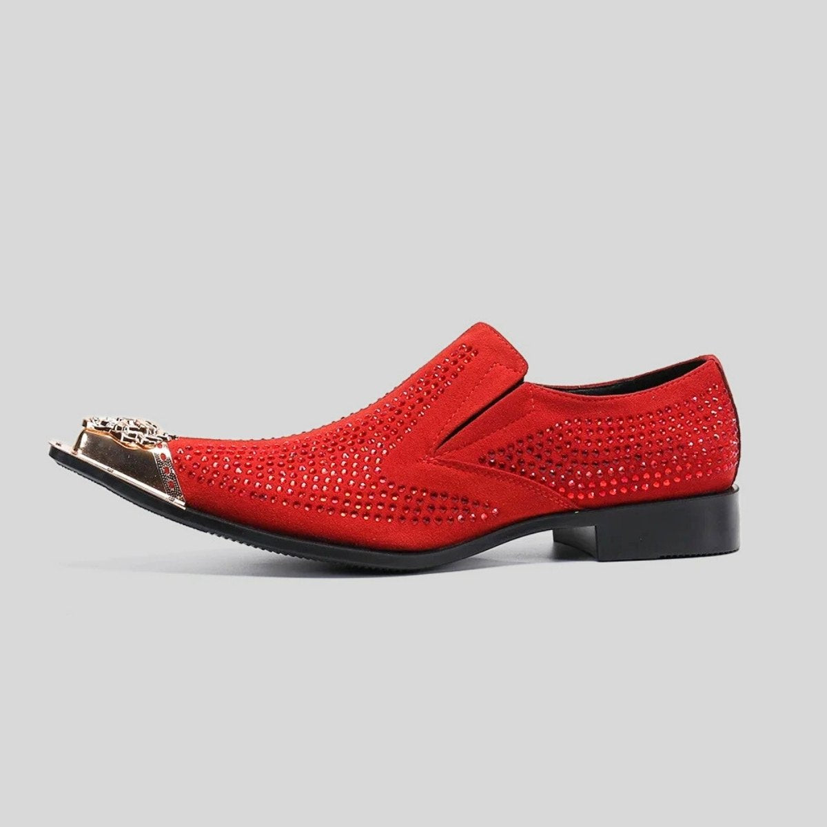 Rhinestone Slip-On Loafers with Metal Crest Toe