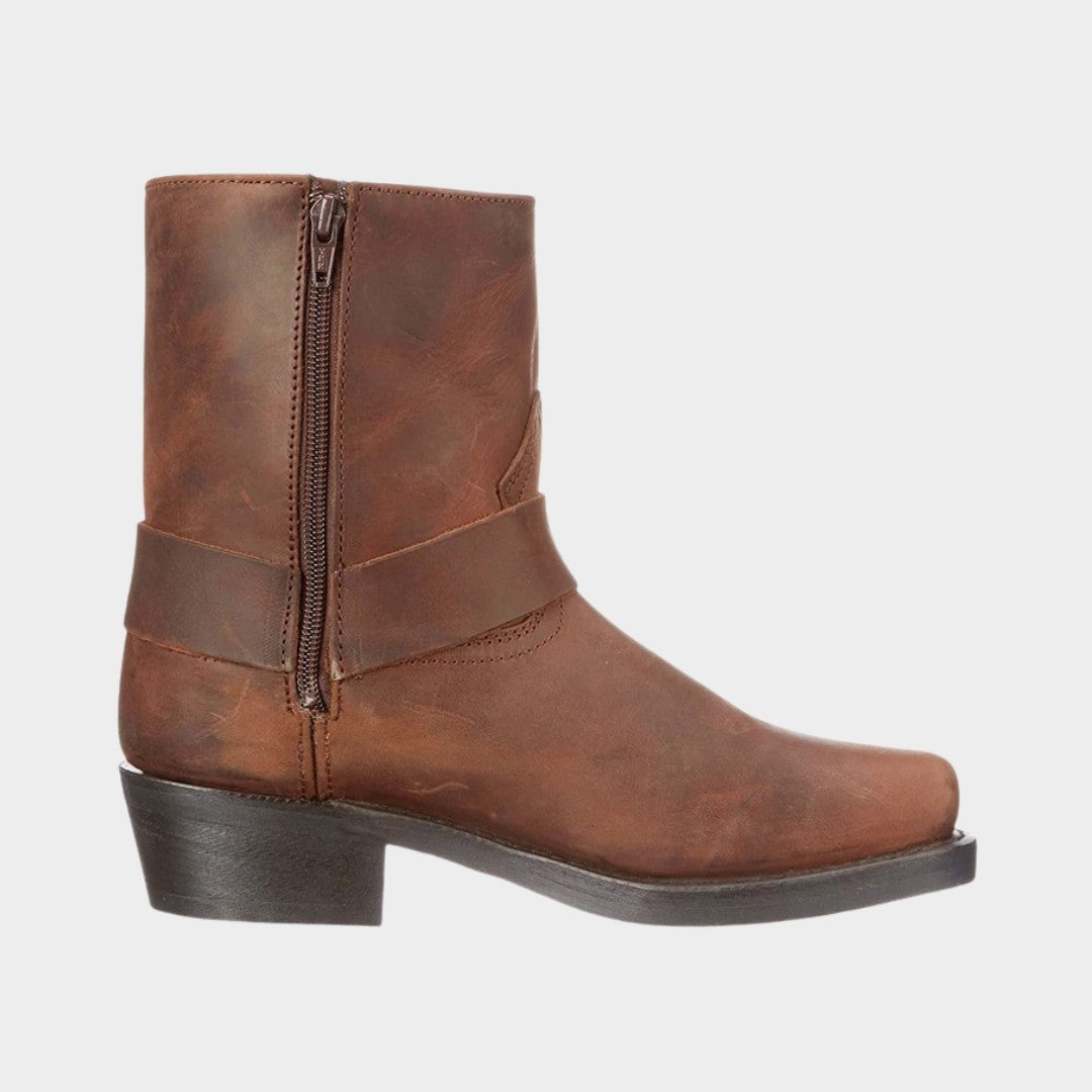 Mid-Calf Square Toe Cowboy Harness Boots with Zip Closure and Low Block Heel
